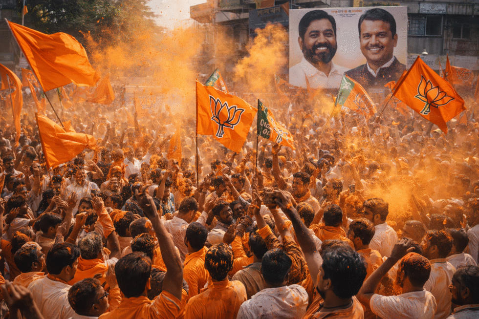 Rajneetiguru.com - महायुति का वर्चस्व ठाणे, कल्याण-डोंबिवली और उल्हासनगर में बनेंगे भगवा महापौर - AI Generated Image