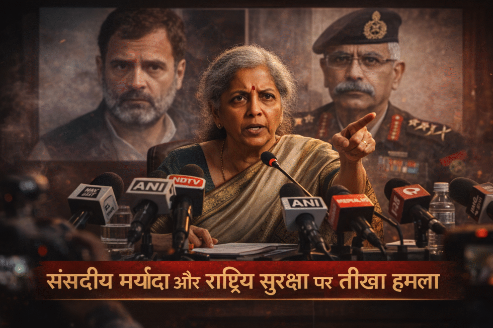 RajneetiGuru.com - सीतारमण का राहुल पर प्रहार जनरल नरवणे के सैन्य संस्मरण पर विवाद -AI Generated Image