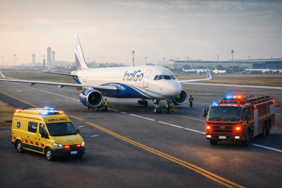 RajneetiGuru.com - दिल्ली हवाई अड्डे पर इमरजेंसी लैंडिंग इंजन में खराबी के बाद बड़ा हादसा टला - AI Generated Image