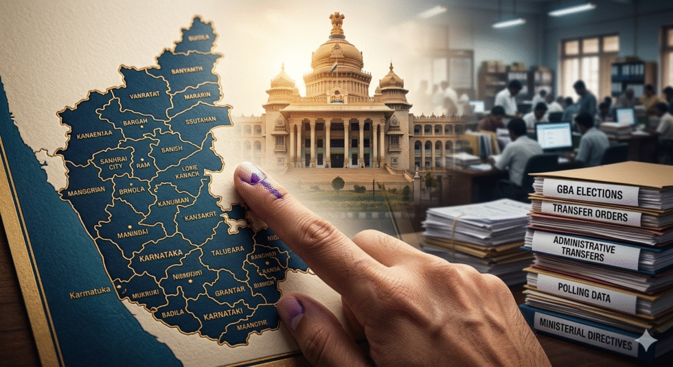 RajneetiGuru.com - चुनाव देरी और ट्रांसफर से कर्नाटक में सियासत गरम - AI Generated Image